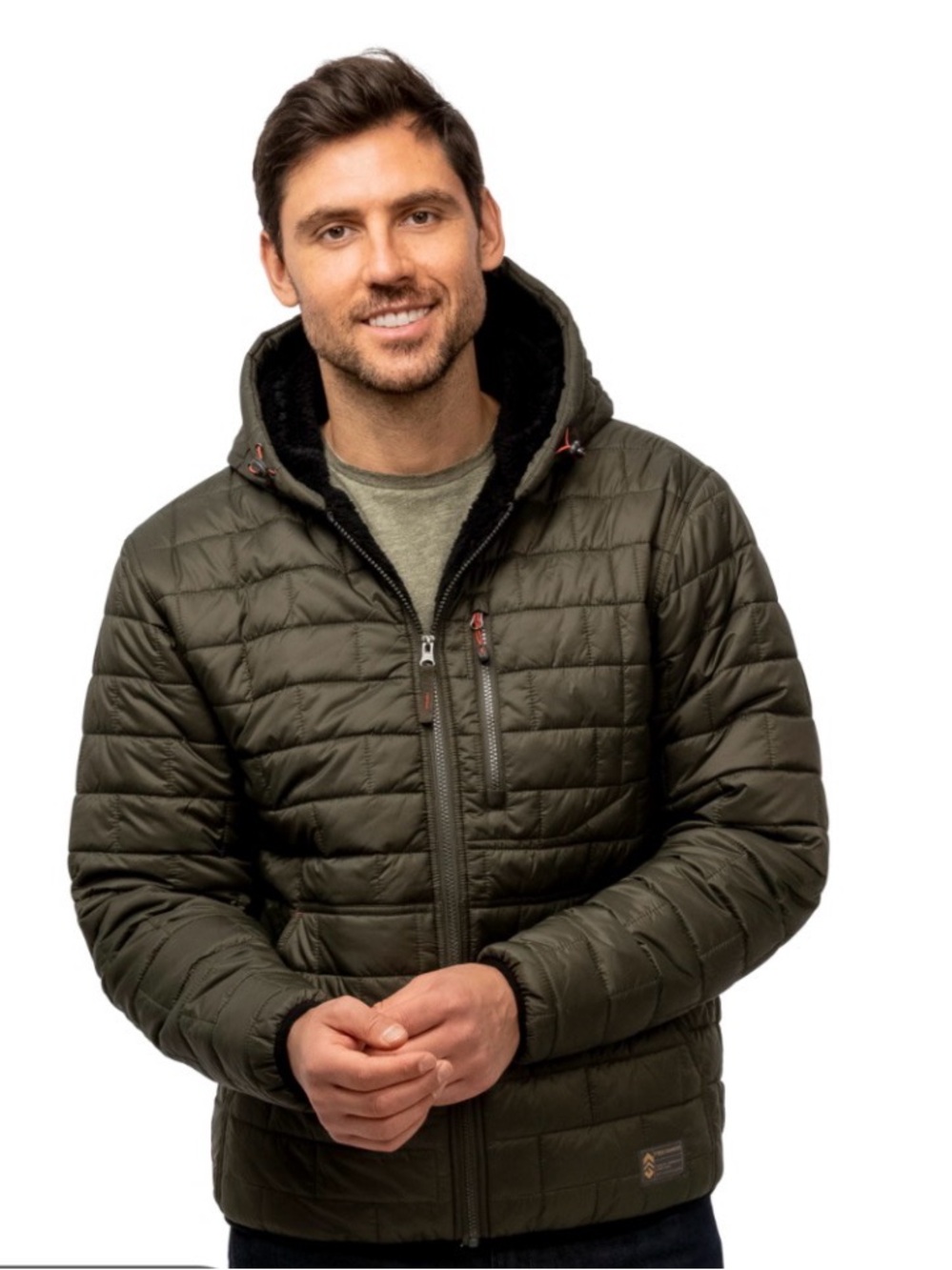 Aspire Men's Quilted Hooded Puffer Jacket - Olive Green